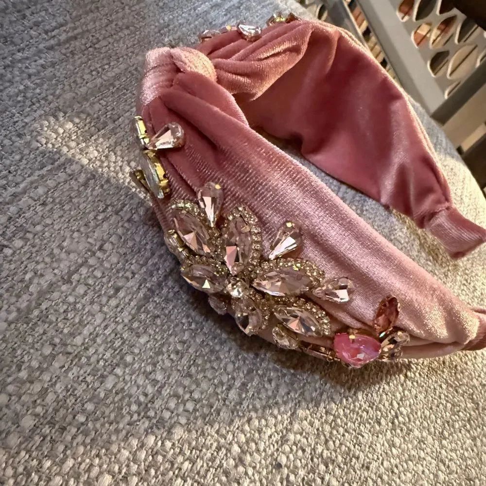 Pink Velvet Headband with Crystal Embellishments